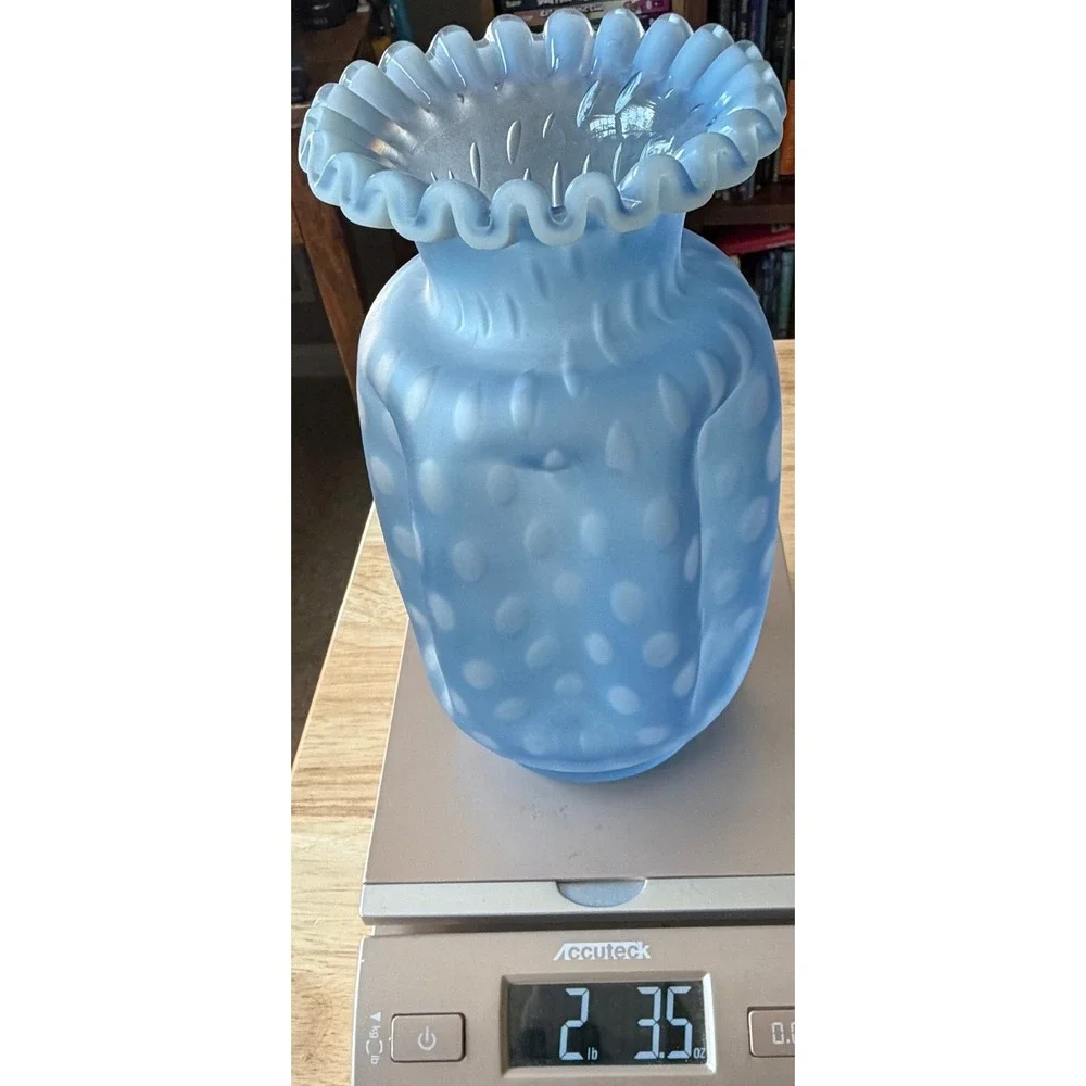 Vintage Fenton Vase Satin Blue Opalescent Optic Dot Pinch Crimped Rim 8